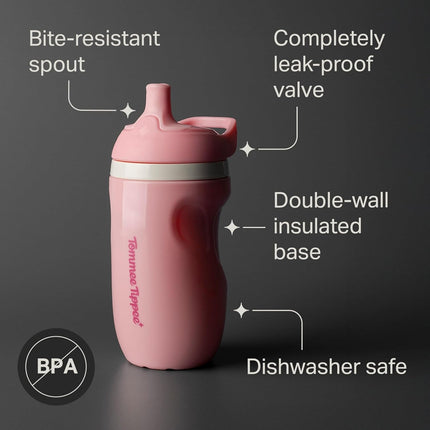 Tommee Tippee Insulated 9oz Sporty Spout Toddler Water Bottle, No Spill, Sippy Cups for Toddlers 1-3, Two-Piece Valve Helps Stop Spills, Green & Red, BPA Free, Pack of 2