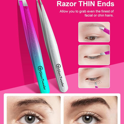 Expert Slant and Point Tip Tweezer Set with Exclusive Travel Case, GlamTweeler Sharp & Precision Tweezer Set for Eyebrows, Facial Hairs & Fine Hairs Removal (Sparkle Purple & Turquoise + Silver)