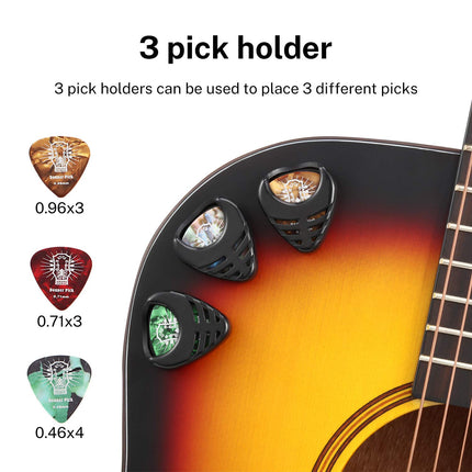 Guitar Picks Holder, with Picks Case 3 Pack, 10pcs Guitar Picks Contains Thin, Medium, Heavy Picks, 9pcs 3M Stickers, Suitable for Acoustic Guitar Electric Guitar Bass Ukulele Banjo