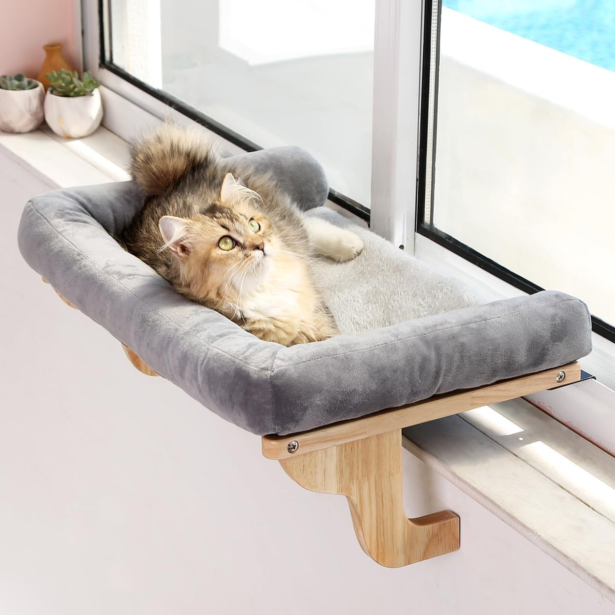 Cat Perch for Window Sill with Bolster - Orthopedic Hammock Design with Premium Hardwood & Robust Metal Frame - Cat