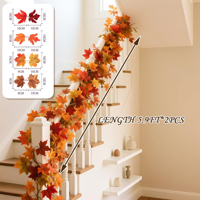 Guirnalda de hojas de arce, 2 piezas, guirnalda artificial de otoño 5.9Ft por pieza, decoración de otoño y Acción de Gracias para uso interior/exterior