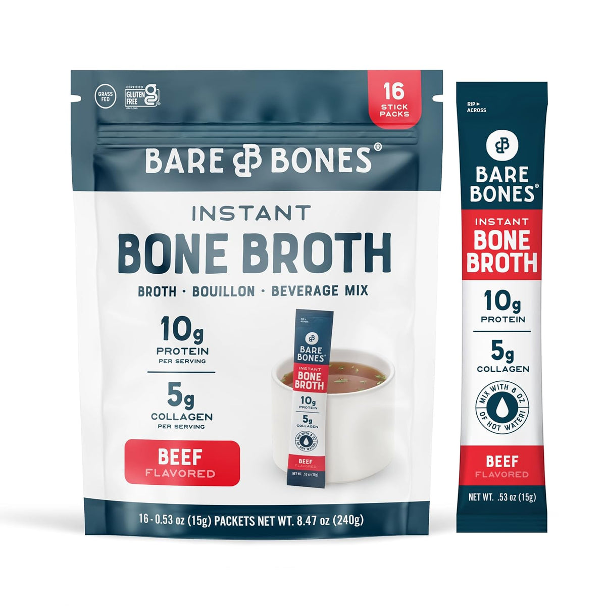 Beef Bone Broth Instant Powdered Mix Packets | 5g Collagen | 10g Protein | Keto & Paleo Friendly | No Artificial