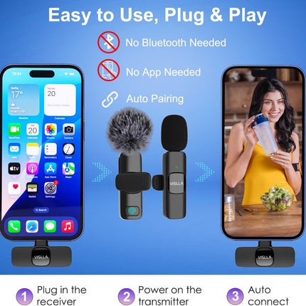 Vislla Mini Microphone for iPhone & Android,11H Battery, Noise Cancelling Wireless Lavalier Mic, Clip On Lapel Mic Pro for Content Creator Vlogging/YouTube/Tiktok/Video Recording/Streaming/Interview