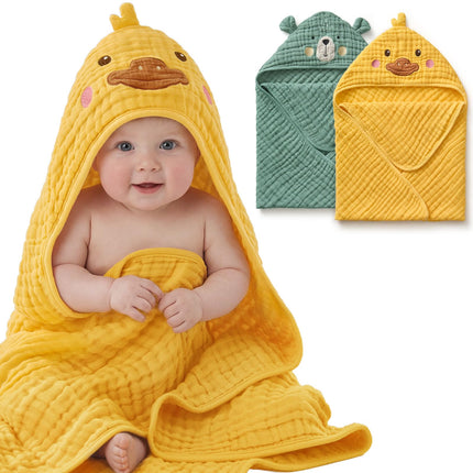 Muslin Baby Hooded Towel 2 Pack, Soft & Absorbent Bath Towel for Infant, Toddler, Unisex, Baby Gift, Newborn Essentials, Bear & Lamb