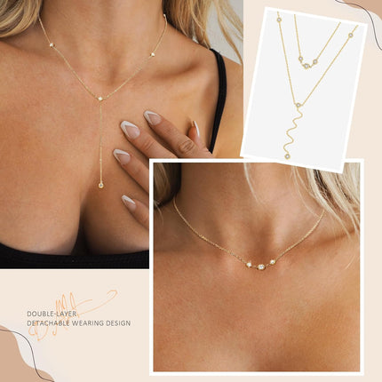 DALI Long Gold Necklaces for Women, Dainty Layered Lariat Sterling Silver Plated Y Shaped Necklace Stack Non Tarnish Cross CZ Pendant Long Chain Choker Adjustable Necklaces Jewelry for Vacation Christmas