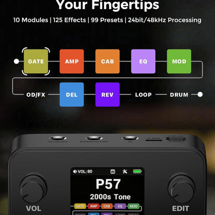 JAMELO Pocket Guitar Multi Effects Pedal, with 125 Effects, 99 Presets, 30 Amp Modeling, IR Loaders, Looper 100 Drum Rhythms BT Audio USB OTG Support Rechargeable Guitar Effects Processor (Black)