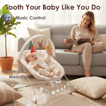 Baby Bouncer – Baby Bouncer seat, Infants Bouncy Seat with Music & Sensory Toys, Compact & Machine Washable Seat Pad Indoor Infant Seat, Ideal for Newborns 0-6 Months, Max Weight 20lbs (Sand Checker)