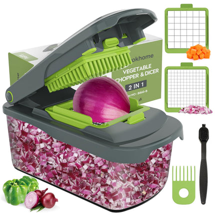 Vegetable Chopper with Container, 8-Blade Onion Chopper & Mandolin Slicer, 2-Lid Food Dicer with Safety Lock, Veggie Shredder Grater for Kitchen Meal Prep, Kitchen Gadgets (8 in 1, Gray)