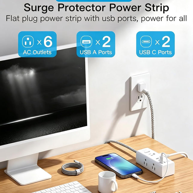 Surge Protector Power Strip, 5 Ft Flat Plug Extension Cord, 900J - photo 2