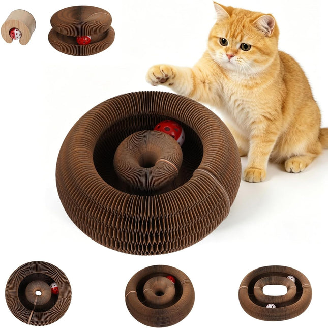 Foldable Accordion Cat Scratcher with Bell Ball, Corrugated Cardboard