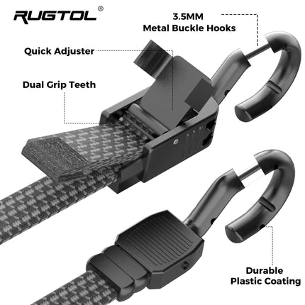 Bungee Cords with Hooks, 48 Inch Adjustable Flat Bungee Straps with Quick Release Buckle, Rubber Black Heavy Duty Elastic Cords with Metal Hooks for Bike Rack, Outdoor, Camping, Tarp, 6 Pack