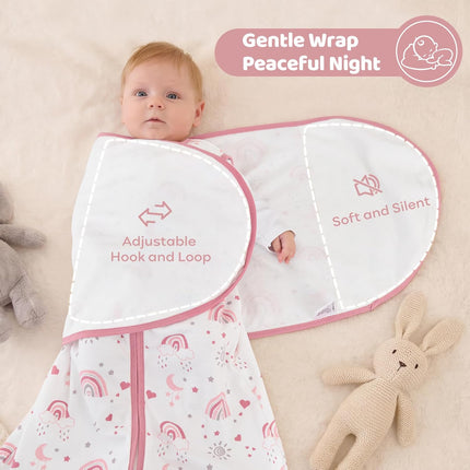 Baby Swaddle Sleep Sack 3-6 Months, Cotton Swaddles for Newborns Girls, 2-Way Zipper Transitional Infant Wearable Swaddling Blanket with Quiet Closure, 0.5 TOG 2 Pack Soft Pink Rainbow