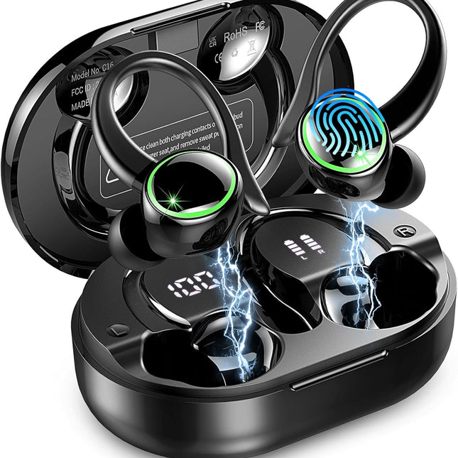 Wireless Earbuds, 2026 Bluetooth 5.4 Headphones Sports, 50 Playback Over-Ear buds with ENC Noise Cancelling Mics, Deep Bass Fitness Earphones Gym Running Workout, IP7 Headset with Earhook, LED Display