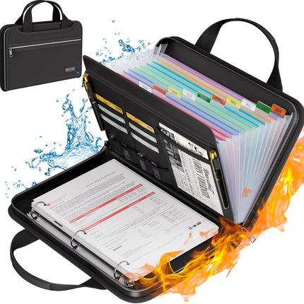 Tamfile Fireproof Accordion File Organizer with Handle, 13 Pocket Expanding File Folder with Zipper & Labels, File Folder with 3 Ring Binder, Multi Pockets Paper Organizer Folder for Letter A4 Files