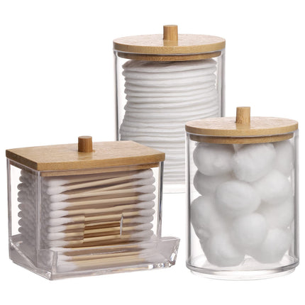 3 Pack Qtips Holder Bathroom Container, 10 oz Cotton Ball/Swabs Dispenser, Apothecary Jar Organizer for Storage Brown Wood Lids