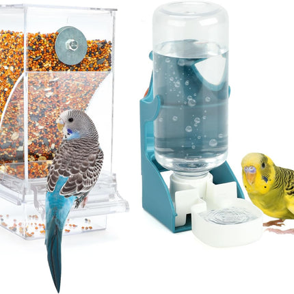 Rypet No Mess Bird Water Feeder Dispenser Set Automatic Bird Feeder Transparent Food Container Cage Acrylic Parrot Feeders Accessories for Small Birds Parrot Cockatoo Canary