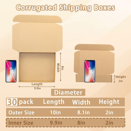 30 Pack 10x8x2 Brown Shipping Boxes Medium, Corrugated Cardboard Boxes for Packaging Small Business