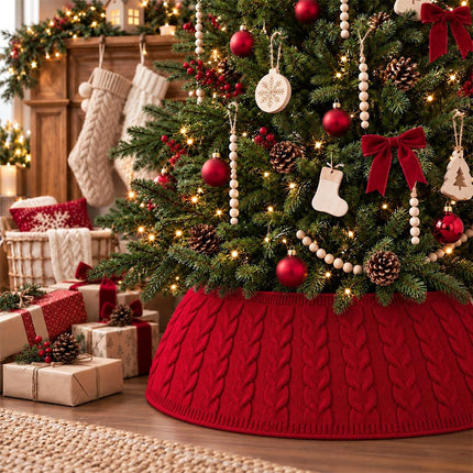 Christmas Tree Knitted Collar Skirt Red for Holiday Home Party Decoration