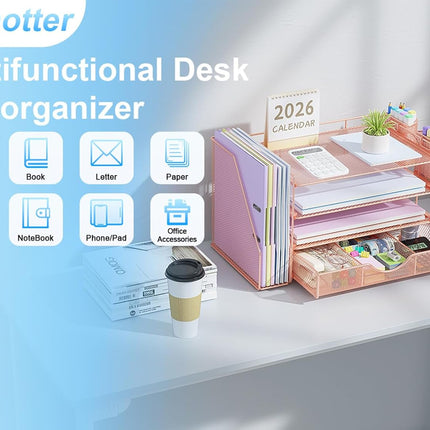 gianotter Desk Organizers and Accessories with File Holder, 4-Tier Desk Accessories & Workspace Organizers with Drawer and 2 Pen Holder, Paper Organizer for Office Supplies (Rose Gold)