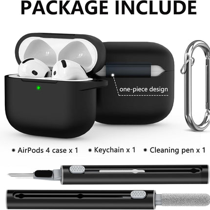 Ljusmicker for AirPods 4 Case 2024 with Cleaner Kit,Soft Silicone Protective Cover for Apple AirPods 4th Generation Cases for Women Men,Compatible with AirPod 4 Case Accessories with Keychain-Black