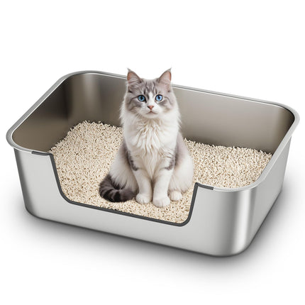 Stainless Steel Cat Litter Box with Low Entry, Metal Kitty Litter Box for Senior or Injured Cats, Odor-Free, Non-Stick, Easy to Clean, 17.5"x13.6"x5.9", Litter Pan for Medium and Small Cats