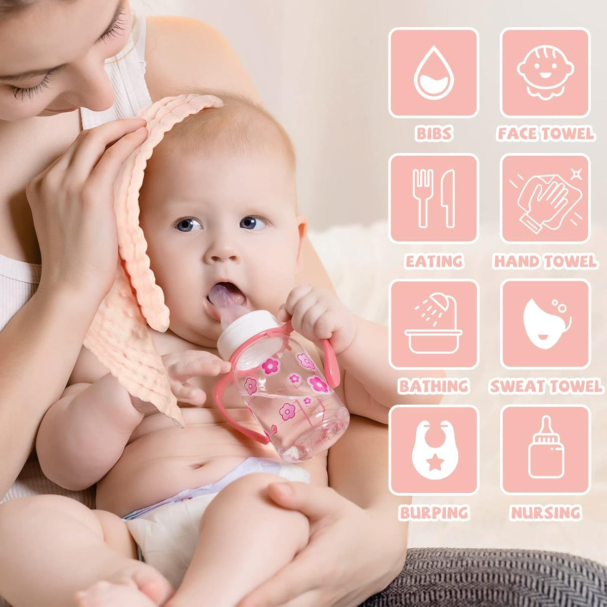 Baby Washcloths and Burp Cloths, Soft Absorbent Towels for Newborns, 6 Pack, 12x12 Inches, Pink - photo 5