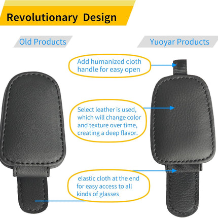 Yuoyar Sunglass Holder for Car, Magnetic Leather Sunglasses Holder and Ticket Card Clip, Car Visor Accessories, 2 Packs (Black)