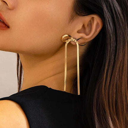 DAYANEY Silver Gold Prom Earrings for Women, Bow Dangle Long Earring Rhinestone Ribbon Chain Prom Jewelry for Women Trendy, Bow Earrings Statement Dainty Earring as Wedding Bridesmaid Formal Jewelry