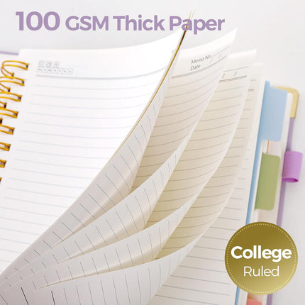 SKYDUE Hardcover Spiral Notebook, 300 Pages 8" x 10" College Ruled Notebook for Work with Dividers & Pockets, 5 Subject Notebook Journals for Women, Double Wire Bound, Tab Stickers Included, Purple