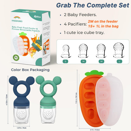 Baby Fruit Feeder 2 Pack with Freezer Tray, 4 Silicone Pouches in 3 Sizes, Breastmilk Popsicle Mold, Food Feeder Pacifier and Silicone Teether, 4+ Months
