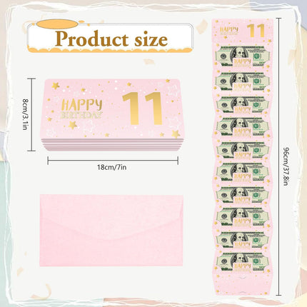 Pink 11th Birthday Money Envelope for Cash Gift Holder with Greeting Card for Girl Women Surprise Gift Idea with Clear Plastic Bag