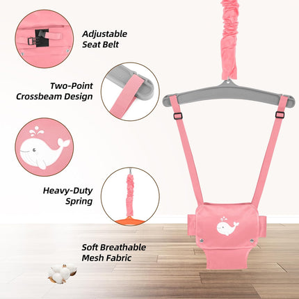 Baby Jumper with Stand, Foldable Activity Jumper for Infants, Height Adjustable Baby Bouncer No Doorway Needed Toddler Jumper, Portable Indoor Outdoor Baby Activity Center for 6-12 Months (Pink)
