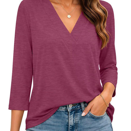 Womens 3/4 Sleeve V Neck Tops Loose Fit T Shirts Casual Blouses