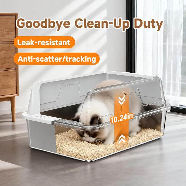Stainless Steel XL High-Sided Cat Litter Box with Scoop, Gray