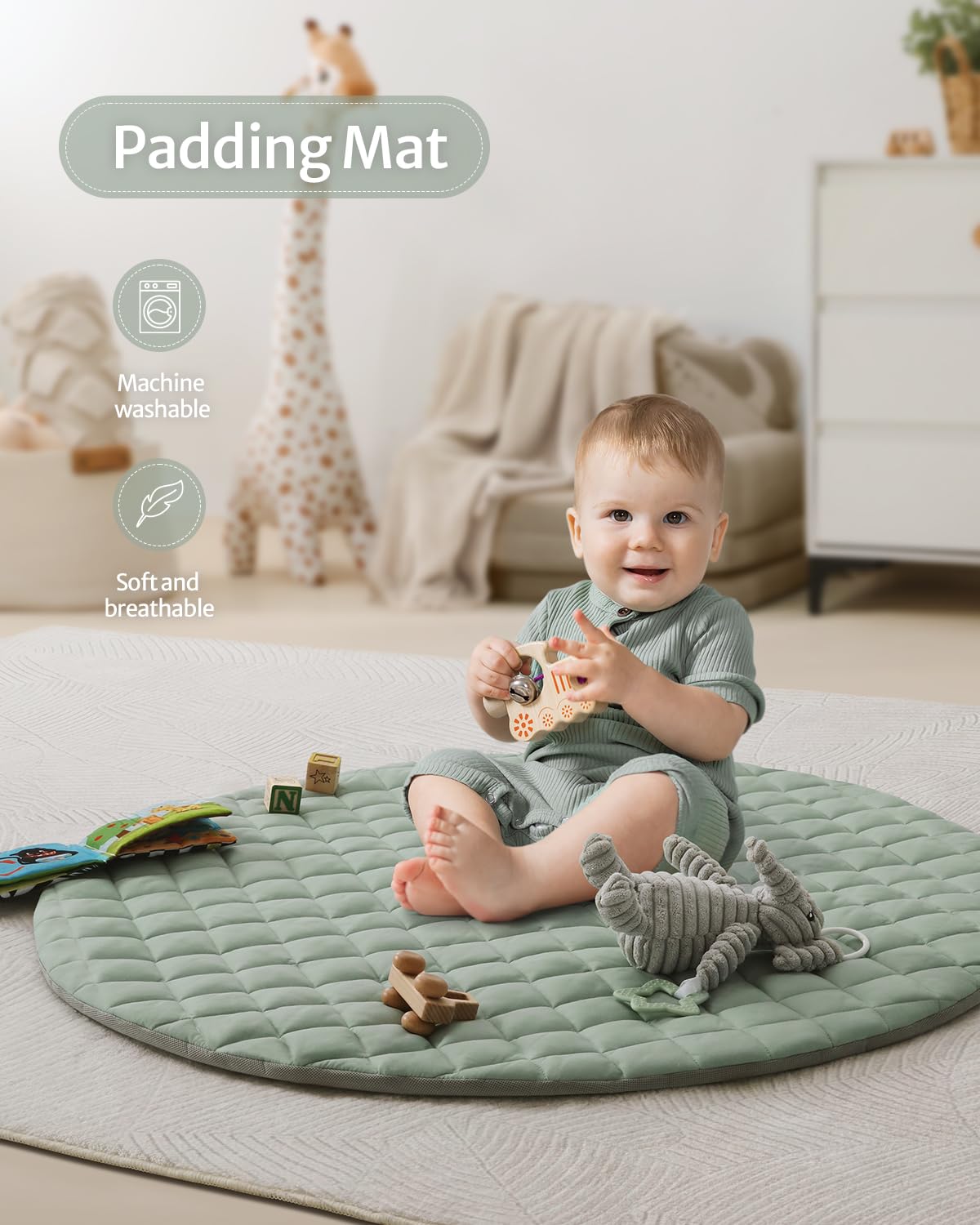 Sage Green Baby Play Gym Mat with 6 Detachable Toys - photo 4