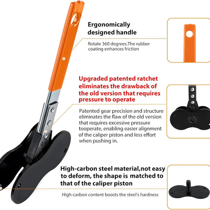 2026 Patented Gen2 Brake Caliper Compression Tool, 5 in 1 Professional Piston Compressor & Brake Pad Spreader with 2 Brake Lubricants & 2 Hooks for Single/Twin/Quad Calipers, Orange
