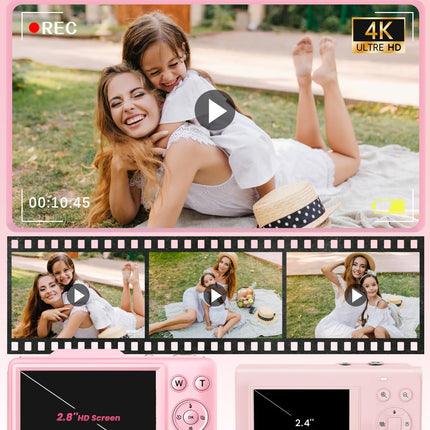 Digital Camera 4K Autofocus Vlogging Camera for Photography with 16X Zoom Anti Shake, 32GB Card, 48MP Compact Portable Point and Shoot Camera for Kids Boys Girls Teens Beginner（Pink）