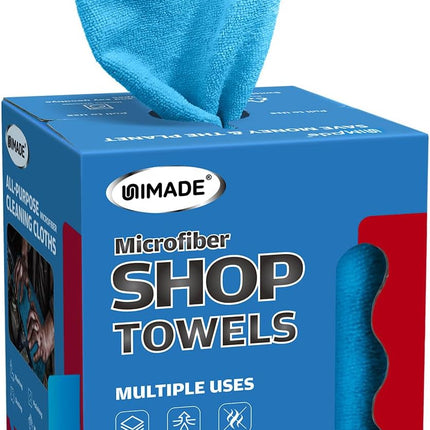 UNIMADE Shop Towels, 100 Sheets Microfiber Cleaning Cloth Commercial Grade Washcloths Lint-Free Bulk Shops Rags for Cars Mechanic Restaurant Garage Housekeeping, 11"x 9", Blue