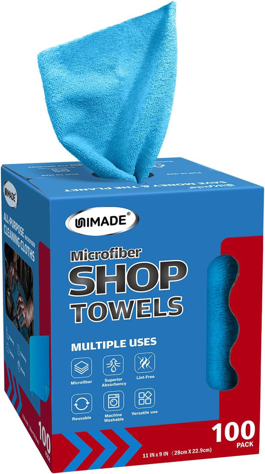Shop Towels, 100 Sheets Microfiber Cleaning Cloth Commercial Grade Washcloths Lint-Free Bulk Shops Rags for Cars
