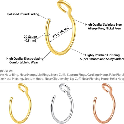 5-12 Pcs Nose Rings Hoops Nose Piercings Nose Piercing Jewelry Fake Nose Ring Fake Piercings Septum Lip Double Hoop Nose Ring Hoop Nose Rings for Women Clip On Helix Cartilage Hoop Earrings