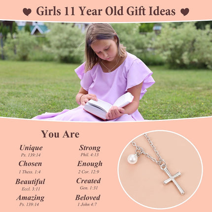 Sereney Happy Birthday Gifts for Girls, Silver Stainless Steel Necklace as 11 13 15 16 Year Old Teens Birthday Gift, Adjustable Cross Pearl Necklace Birthday Gifts for Daughter Granddaughter Niece Girls