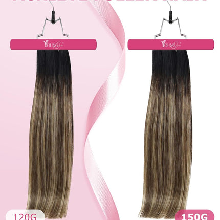 YoungSee 18 Inch Ombre Clip in Hair Extensions 120G Balayage Clip in Human Hair Extensions Natural Black Ombre Dark Brown Mix Blonde, Can Be Heat-styled Clip ins Extensions for Women At Home 7Pcs