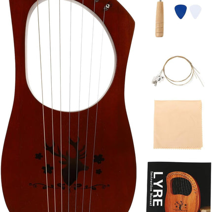 7-string Wooden Lyre Harp Vintage Reindeer Design Handheld Musical Instrument with Wood Body, Pentatonic Scale Suitable for Beginners and Music Enthusiasts