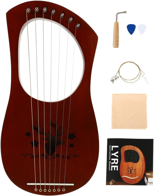 7-String Wooden Lyre Harp with Vintage Reindeer Design