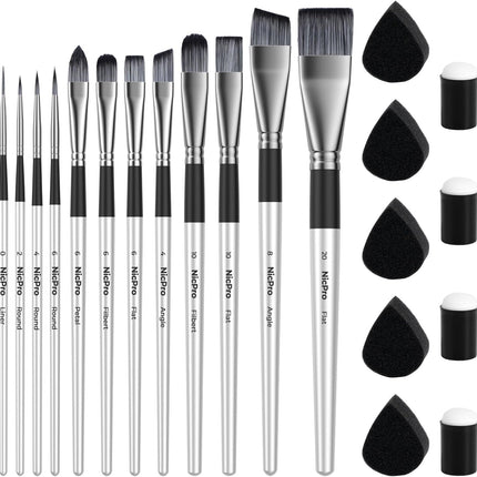 Nicpro 12pcs Face Paint Brushes Set with 9 Sponges Set, Professional Paint Brushes for Face Painting, Body Makeup, Acrylic Watercolor Oil Halloween Cosplay Party, Portable Storage Case Included