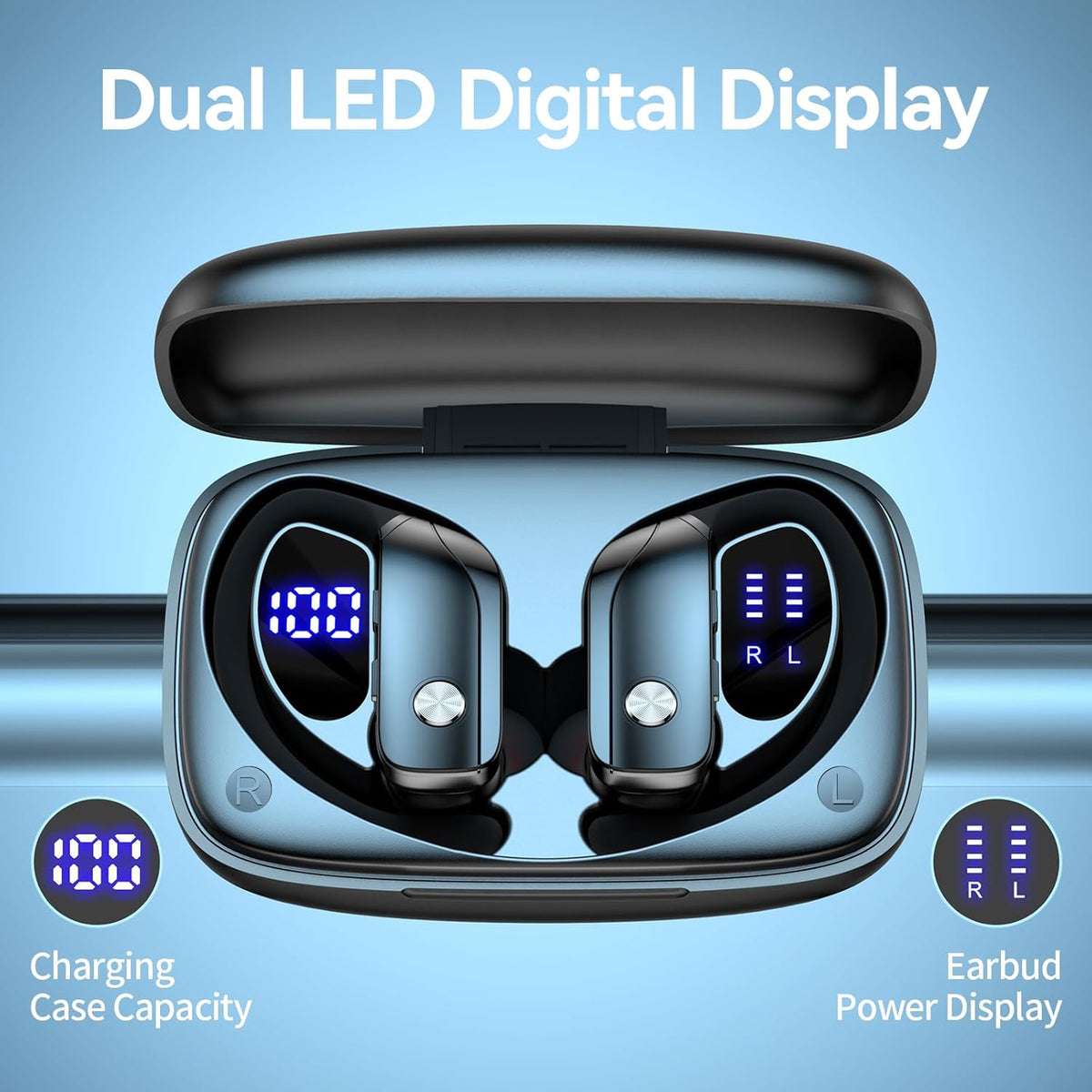 Wireless Bluetooth Earbuds with LED Display Case, Over-Ear Hook, Mic, Stereo Sound, Button Controls - photo 2