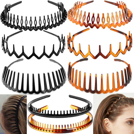 8 PCS Fashion Effortless Plastic Headbands with Teeth Comb Black Skinny Headbands No Slip Hair Accessories Bands for Women Men Teen Girls, Leopard&Bright Black