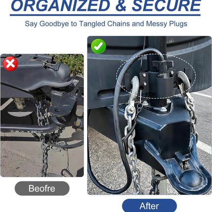Aluminum Trailer Chain Holder, Trailer Towing Chain Organizer with 7 Way Plug Holder Cover, Heavy Duty Anti-Rust Cable Wire Harness Holder RV Tongue Jack Towing Accessories