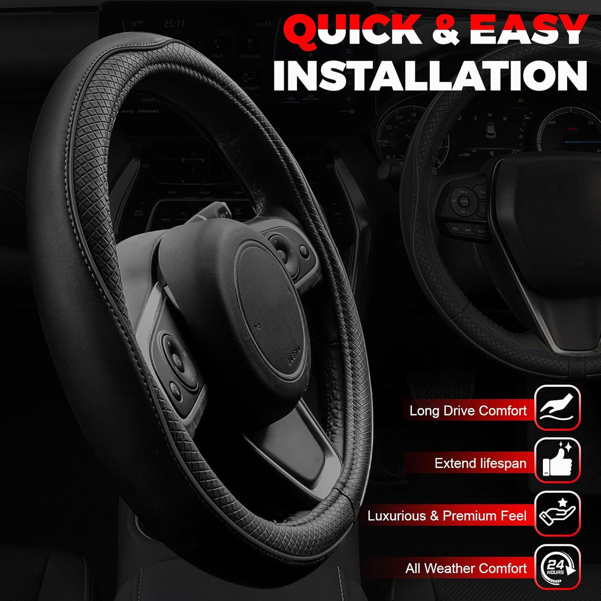 Black Microfiber Leather Steering Wheel Cover, Universal 14.5-15 Inch - photo 4