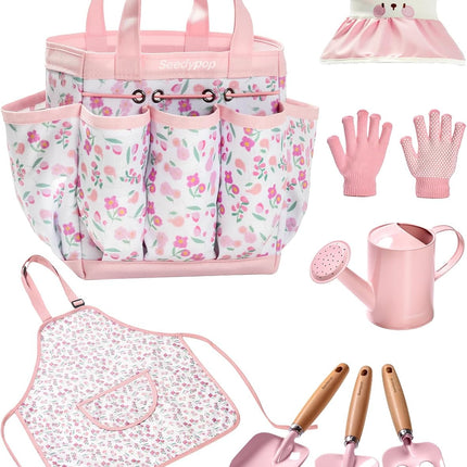 Kids Gardening Tool Set Toys - 8 Pieces Quality Garden Kit for Toddlers & Kids with Shovels, Rake, Watering Can, Hat, Apron, Gloves & Storage Bag (Pink Flower)